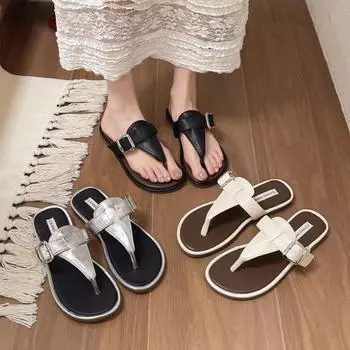 Женские плоские шлепанцы Летние роскошные женские пляжные туфли с пряжкой на ремне Нескользящая подошва Уличные дышащие тапочки для отдыха 35 серебряный
