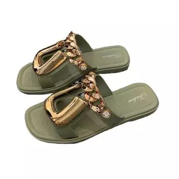 Женские плоские шлепанцы с декором металлической цепочкой, нескользящие сандалии с квадратным открытым носком, универсальные шлепанцы для улицы 40