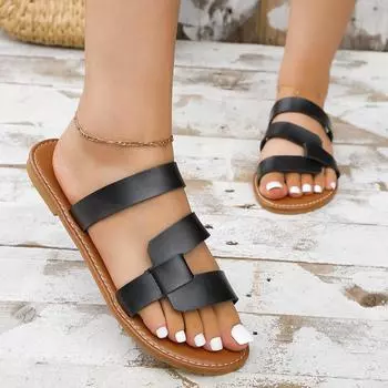 Женские плоские тапочки 2024 года, кожаные сандалии с перекрестными ремешками на высоком каблуке, летние женские тапочки, шлепанцы, женские Zapatillas De Mujer 36 чёрный