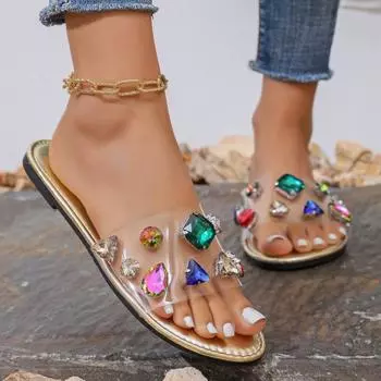 Женские плоские тапочки, летняя модная пляжная обувь для женщин, сандалии для улицы с бриллиантами, дизайнерские роскошные тапочки, шлепанцы для женщин 36 чёрный