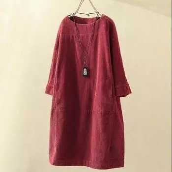 Женские плотные платья Женские весенне-осенние вельветовые ретро-платья сплошного цвета Большие размеры свободного покроя платья M темно-синий