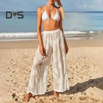 Женские пляжные брюки, эластичные, с высокой талией, прямые, широкие, солнцезащитные, длинные, свободные, жаккардовые, дышащие брюки S абрикосовый