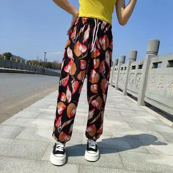 Женские пляжные брюки с эластичной талией, регулируемые на шнурке, шаровары в этническом стиле с принтом из ледяного шелка, классные летние брюки One Size F