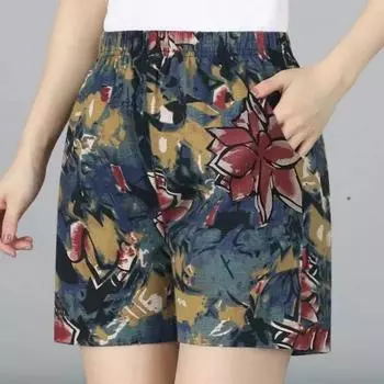 Женские пляжные брюки с высокой талией, новый стиль шорт с пятью точками для женщин, свободные прямые брюки с принтом XL