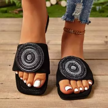 Женские пляжные сандалии на плоской подошве со стразами, очаровательные женские летние легкие тапочки для улицы, гламурные повседневные шлепанцы 36 жёлтый