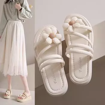 Женские пляжные шлепанцы на толстой подошве: Летние сандалии для студентов в стиле феи с юбкой и цветочным принтом 2023 года 36-37