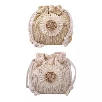 Женские пляжные соломенные сумки с цветочным принтом и шнурком, плетеная сумка-ведро через плечо - светло-коричневого