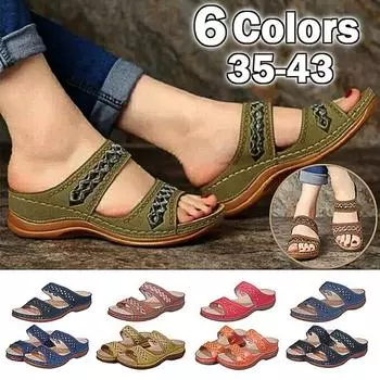 Женские пляжные тапочки, кожаные винтажные сандалии с открытыми отверстиями, летние женские туфли без шнуровки на танкетке, женские шлепанцы с ремешком с пряжкой, удобные домашние шлепанцы 43 чёрный