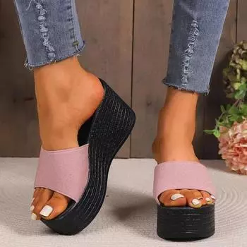 Женские пляжные тапочки на платформе, высокие каблуки, босоножки на танкетке, новая женская обувь, сексуальные и модные шлепанцы 35