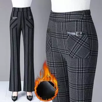 Женские плюшевые брюки, осенне-зимние прямые брюки с высокой талией, повседневные брюки, флисовые тонкие мягкие теплые брюки M чёрный/белый