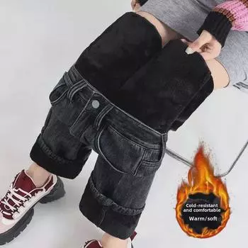 Женские плюшевые джинсы с высокой талией: В корейском стиле, прикрывает бедра, свободный, широкий крой, плотный, теплый, идеально подходит для осени и зимы. XL
