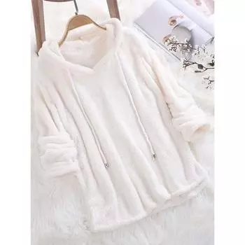 Женские плюшевые худи с длинным рукавом, теплый однотонный пушистый фланелевый пуловер, пижама, свободные худи с капюшоном, топ, корейский XXXXXL