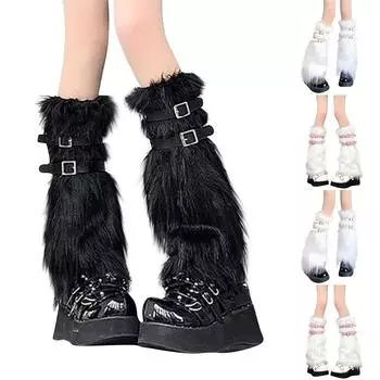 Женские плюшевые носки с кожаной пряжкой, теплые носки с ворсом средней длины JK, браслеты на щиколотку One Size чёрный