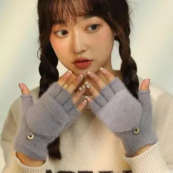 Женские плюшевые перчатки без пальцев Flip: Толстый, теплый, непромокаемый зимний стиль Half-stamped, One Size чёрный