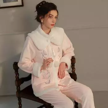 Женские плюшевые пижамы, сексуальный толстый бархатный вышитый внешний халат и штаны, домашняя пижама, удобная одежда one size