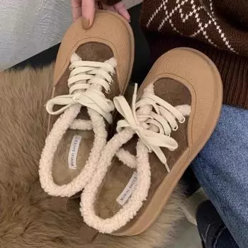 Женские плюшевые повседневные кроссовки с нескользящей толстой подошвой, теплая хлопковая обувь для активного отдыха, замшевая студенческая спортивная обувь на платформе в стиле ретро, женская обувь 35 кофейный