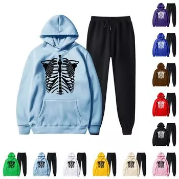 Женские плюшевые штаны, свободный свитер с длинным рукавом, принт на Хэллоуин и комплект из двух предметов с капюшоном и веревкой L чёрный