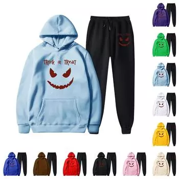 Женские плюшевые штаны, свободный свитер с длинным рукавом, принт на Хэллоуин и комплект из двух предметов с капюшоном и веревкой XL розовый