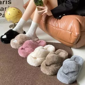 Женские плюшевые тапочки на большой толстой подошве, осень-зима 2023, новые плюшевые тапочки с квадратной головкой и крестом на плоской подошве 5 см 35 белый