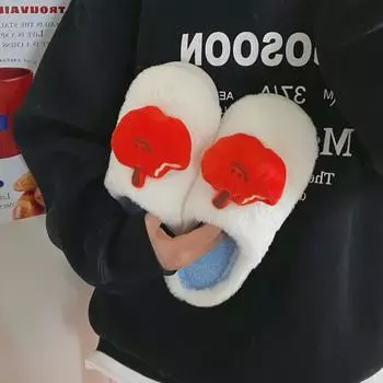 Женские плюшевые тапочки с мультяшным яблоком — уютная домашняя обувь на осень/зиму для пар и гостей Leopard, 40/41 чёрный