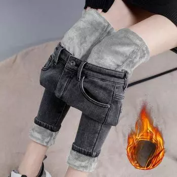 Женские плюшевые теплые джинсы с высокой талией, осенне-зимние утолщенные обтягивающие эластичные узкие джинсовые брюки-карандаш 25 чёрный