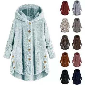 Женские плюшевые топы с пуговицами больших размеров, свободный кардиган, шерстяное пальто с капюшоном, зимняя куртка M