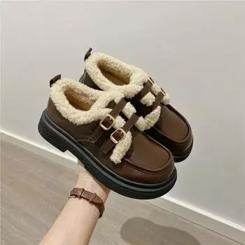 Женские плюшевые туфли из кожи, осенне-зимние, теплые, удобные, нескользящие, на плоской подошве, из хлопка, повседневная обувь для вечеринок 2025 35 коричневый