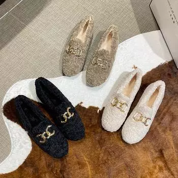 Женские плюшевые туфли на плоской подошве для улицы и офиса, модные зимние теплые ботинки с цепочкой, большой размер 41-43, бесплатная доставка 35 чёрный