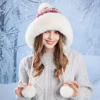 Женские плюшевые утолщенные шапки, зимняя теплая меховая шапка с флисовой подкладкой, ветрозащитная вязаная рождественская шапка с помпоном One Size серый/синий