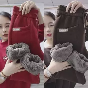 Женские плюшевые утолщенные шаровары - 2023 Осень/Зима Корейский стиль, свободная и облегающая повседневная одежда M чёрный