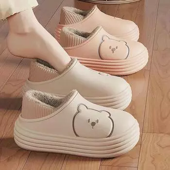 Женские плюшевые водонепроницаемые хлопковые тапочки для осени/зимы - уютные, пушистые и комфортные 40-41 чёрный