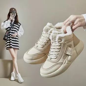 Женские плюшевые высокие белые туфли - 2024 зимние повседневные теплые корейские туфли 37 белый