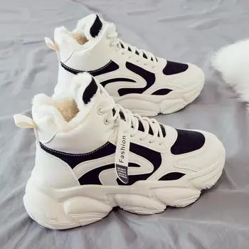 Женские плюшевые высокие хлопковые кроссовки - зимняя мода 2024 года, белые туфли для папы (JA09) Size 36
