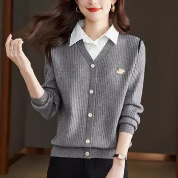 Женские поддельные два модных весенних и осенних свободных трикотажных топа с длинными рукавами one size серый