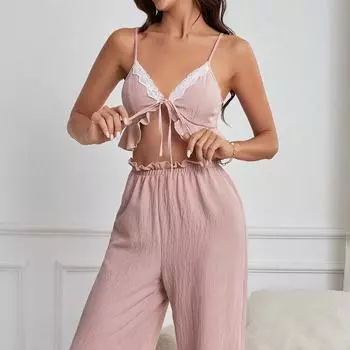 Женские подтяжки для пупка с подтяжками, кружевные брюки с V-образным вырезом, сексуальная домашняя одежда, пижамный комплект с галстуком-бабочкой S бледно-розовый
