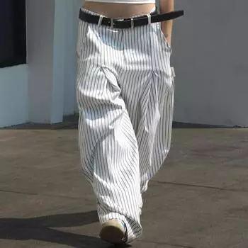 Женские полосатые брюки для костюма, повседневные брюки на пуговицах с низкой посадкой, свободные широкие брюки, уличные брюки Y2k, корейский стиль, весна 2025 г., новинка S белый