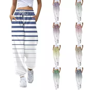 Женские полосатые брюки с высокой талией и карманами для ношения весной и осенью L синий