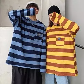 Женские полосатые черные футболки Harajuku с принтом больших размеров, топы y2k, модные парные футболки, длинный рукав, повседневная уличная одежда M синий