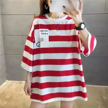 Женские полосатые черные футболки с рисунком большого размера, топы, модная футболка для пар M красный