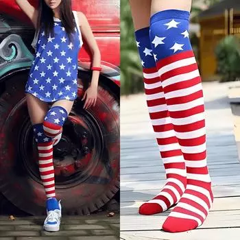 Женские полосатые гольфы до бедра, длинные носки с рисунком американского флага, полосатые гольфы выше колена, гольфы до колена