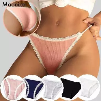 Женские полосатые хлопковые трусики-бикини с низкой талией и тонкими бретельками, нижнее белье с кружевной кромкой, размеры M-XL M чёрный