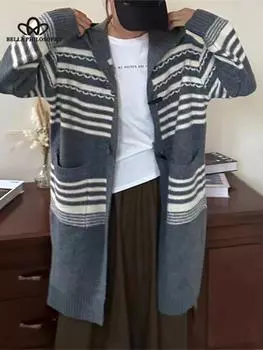 Женские полосатые кардиганы на осень, повседневный длинный вязаный кардиган, женский свитер, пальто, новые кардиганы, женская одежда one size серый