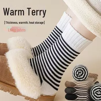Женские полосатые махровые носки средней длины - толстый бархат для тепла осенью и зимой коричневый