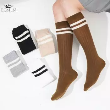 Женские полосатые носки, гольфы, хлопковые нескользящие, впитывающие пот, длинные носки выше колена для женщин one size чёрный