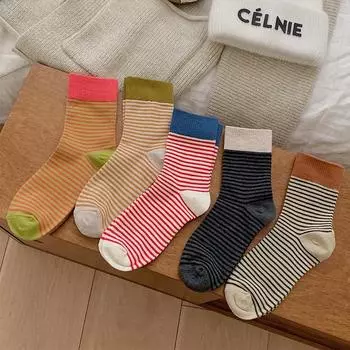 Женские полосатые носки средней длины — модный осенне-зимний уличный ретро-стиль в японском стиле для студентов One Size