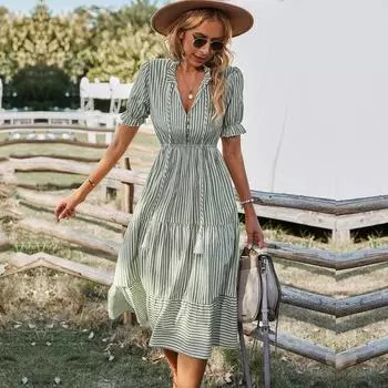 Женские полосатые повседневные платья с короткими рукавами и кисточками средней длины, летние платья на пуговицах с v-образным вырезом для женщин S синий