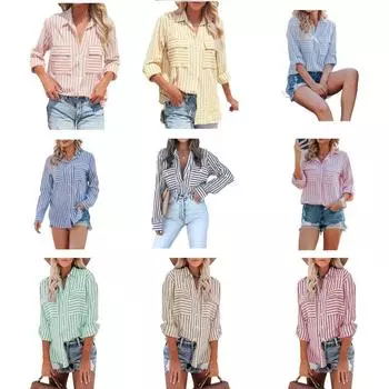 Женские полосатые рубашки на пуговицах, повседневные блузки с длинным рукавом и V-образным вырезом, топы с карманами, хлопковая льняная рубашка в полоску, однобортная блузка S чёрный