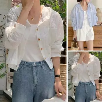 Женские полосатые рубашки на пуговицах с капюшоном и длинными рукавами, летний кардиган с защитой от солнца M белый