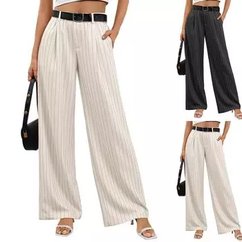 Женские полосатые широкие брюки для рабочего костюма с высокой талией и карманами M чёрный