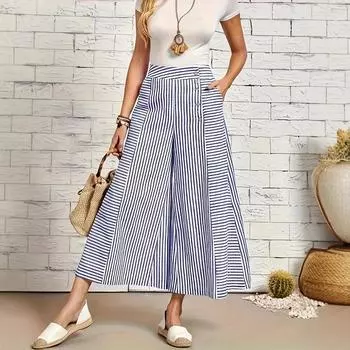 Женские полосатые широкие модные удобные повседневные брюки Temperament S синий